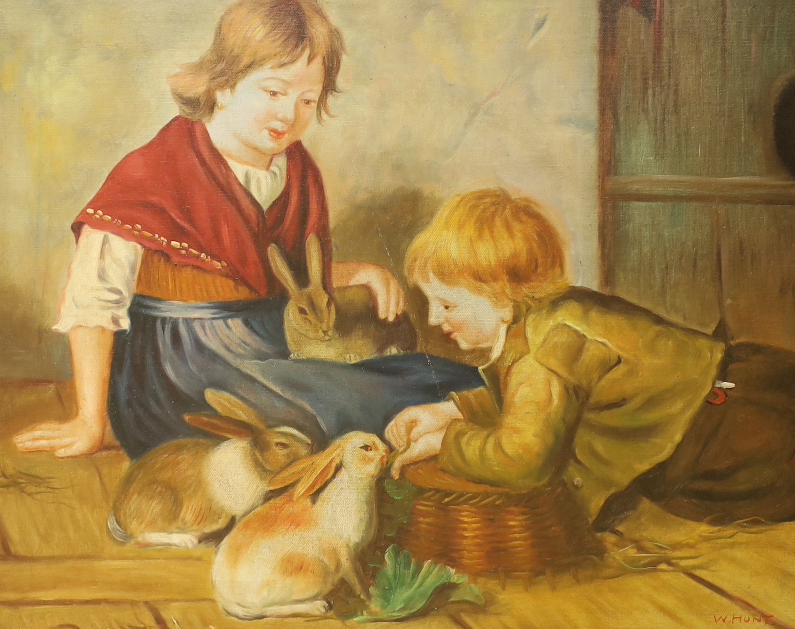 W.Hunt, oil on board, children with rabbits in an interior, 45 x 35cm